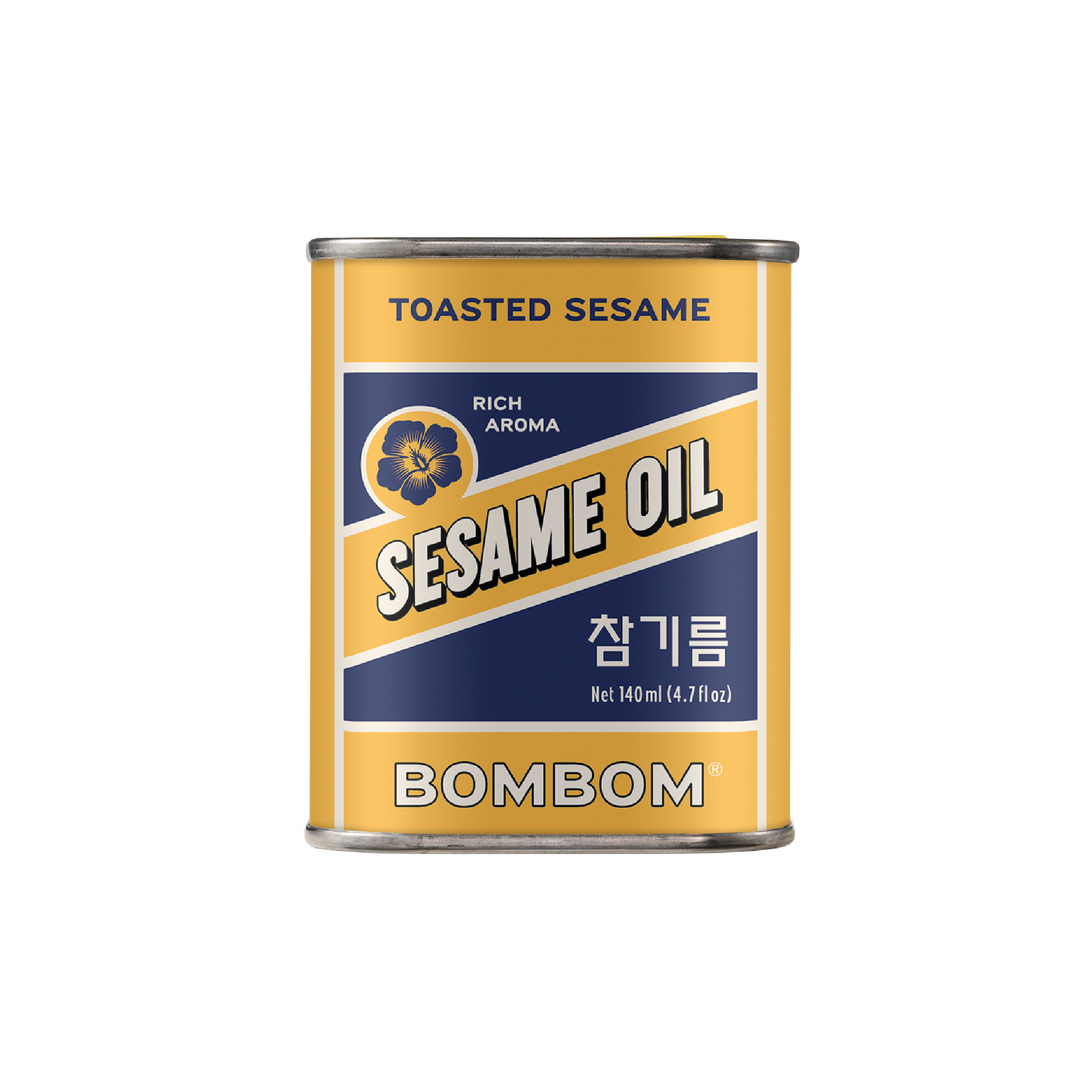 Korean BOMBOM toasted sesame oil bottle with metal cap; label shows TOASTED SESAME and RICH AROMA.