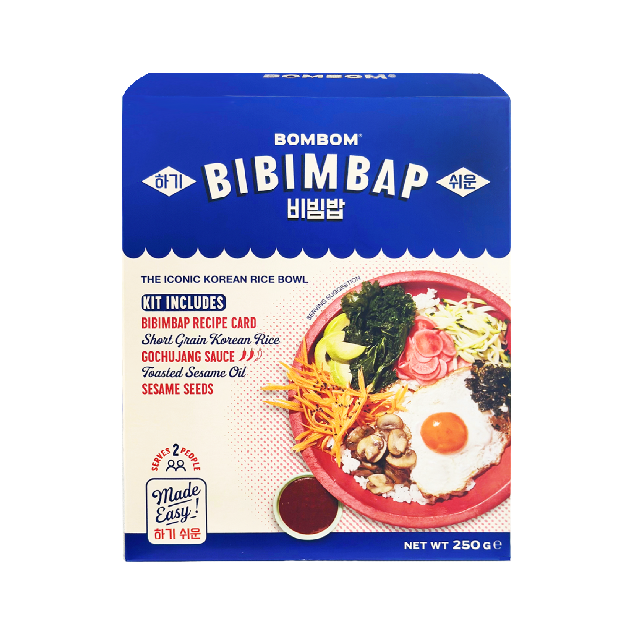 Korean BOMBOM bibimbap kit box with bold lettering, blue panel, and red rice bowl illustration
