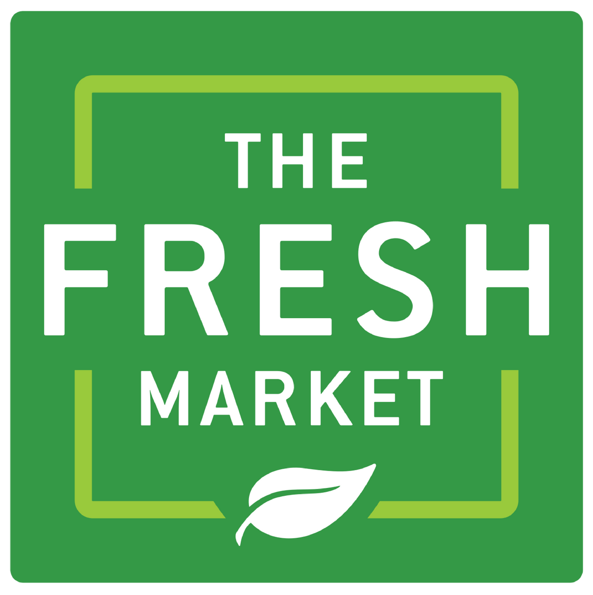 Green background graphic with large white text reading THE FRESH and partial MARKET, with a white brushstroke