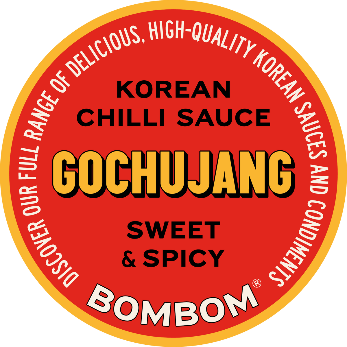 Gochujang Korean Chili Sauce Case by BOMBOM US red and yellow label with sweet chili sauce branding